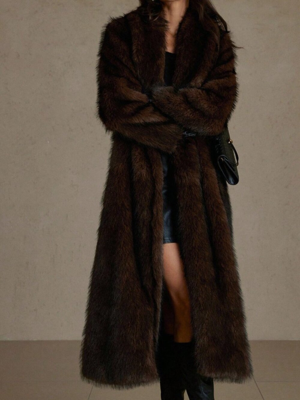 Multicolor Casual Women's Faux Fur Coat Shawl Collar Cinched Waist Long Length